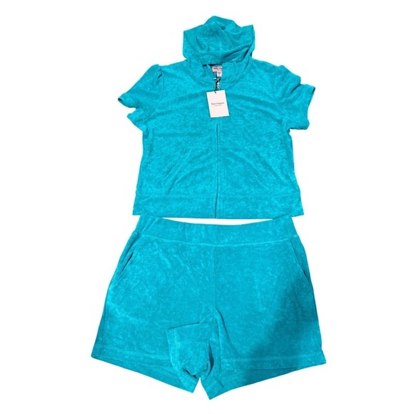 Juicy Couture Tops - Juicy Couture Terry Cloth Hoodie Shorts Set Turquoise Rhinestone Logo Size L New